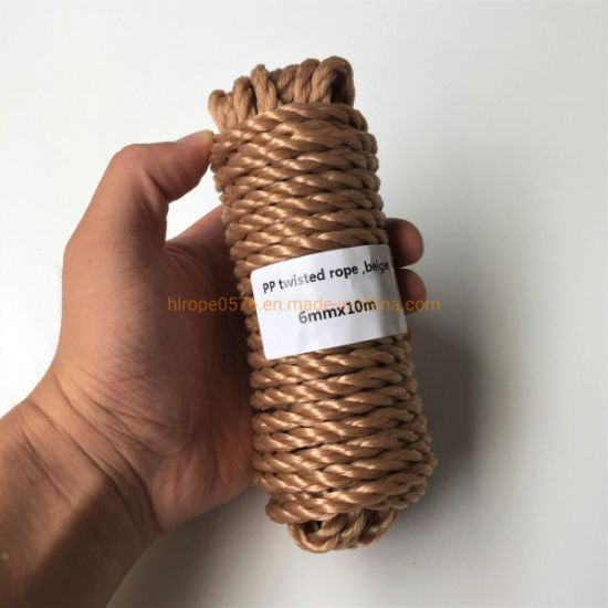 6mmx10m beige trabajo pesado torcido cuerda de polipropileno flotante PP Cuerda de la cuerda de la cuerda de navegación Camping Línea segura Línea de ropa